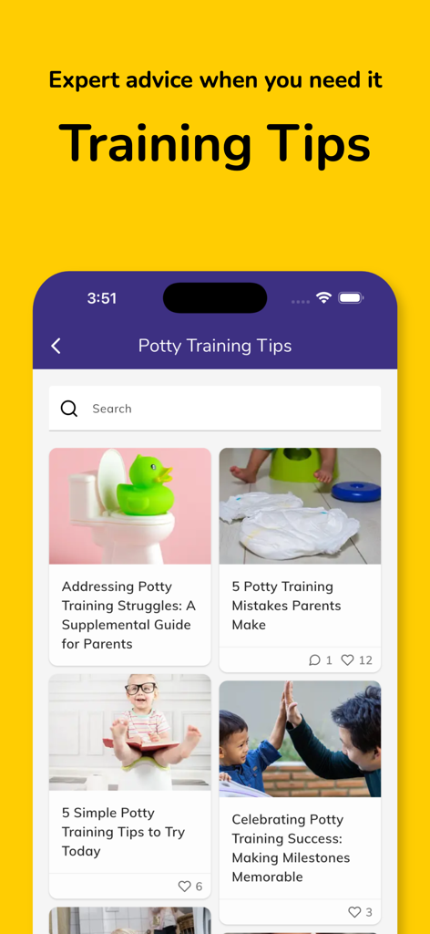 Potty Whiz: Training App - Interface showing expert potty training guides and articles for parents in the Potty Whiz app
