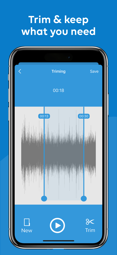 Mobile app interface for trimming audio recordings with waveform visualization