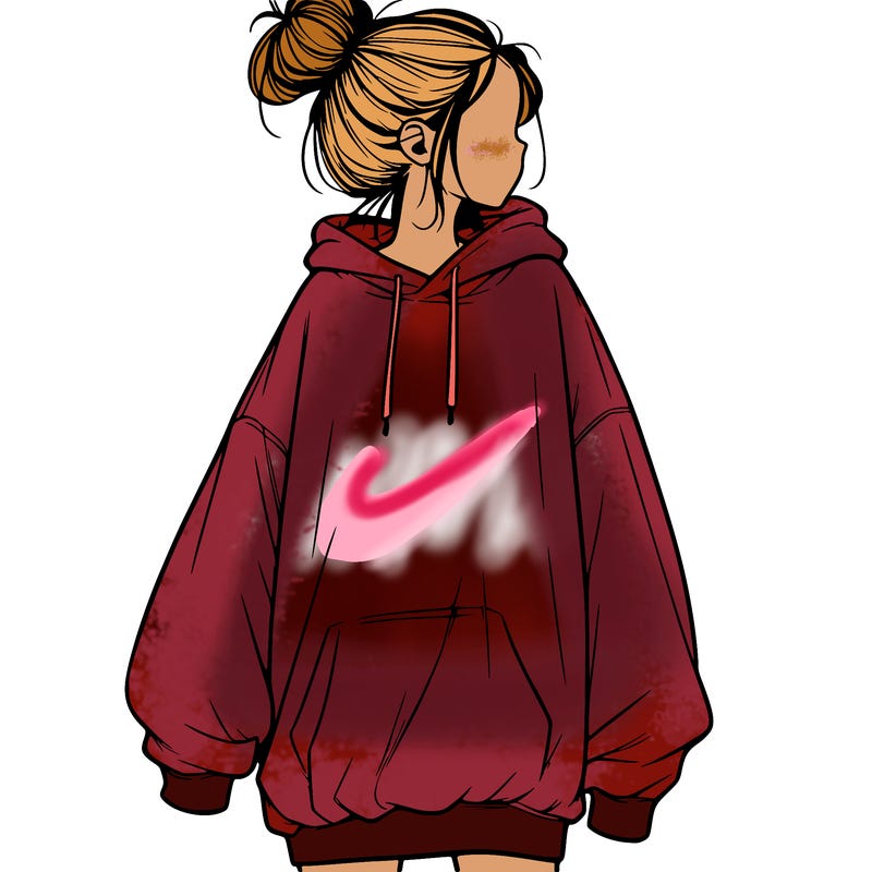 realistic girl with a oversized sweatshirt on and a bun