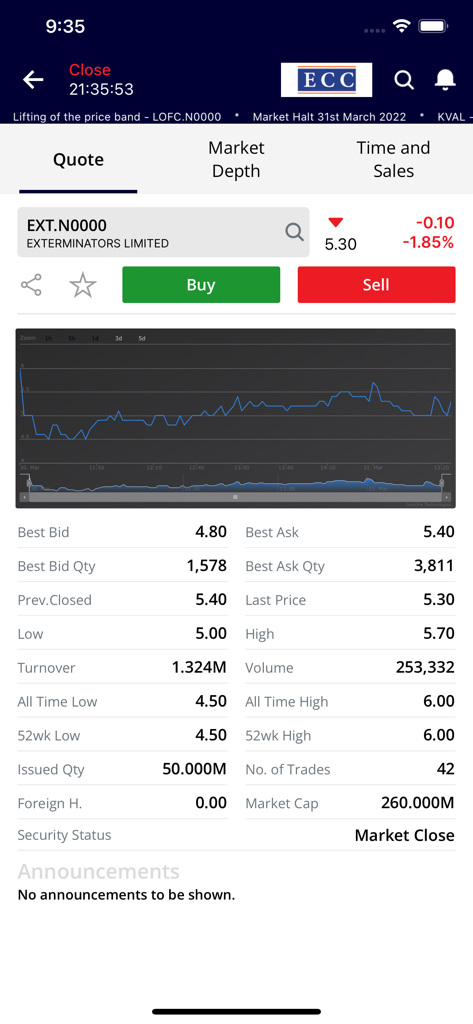 Pantalla de cotización de la aplicación de trading de acciones ATrad que muestra el gráfico de precios de acciones en tiempo real y datos de mercado para Exterminators Limited
