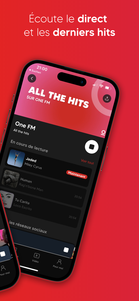 One FM - iPhone screen displaying One FM app interface with a playlist of latest hit songs against a red background