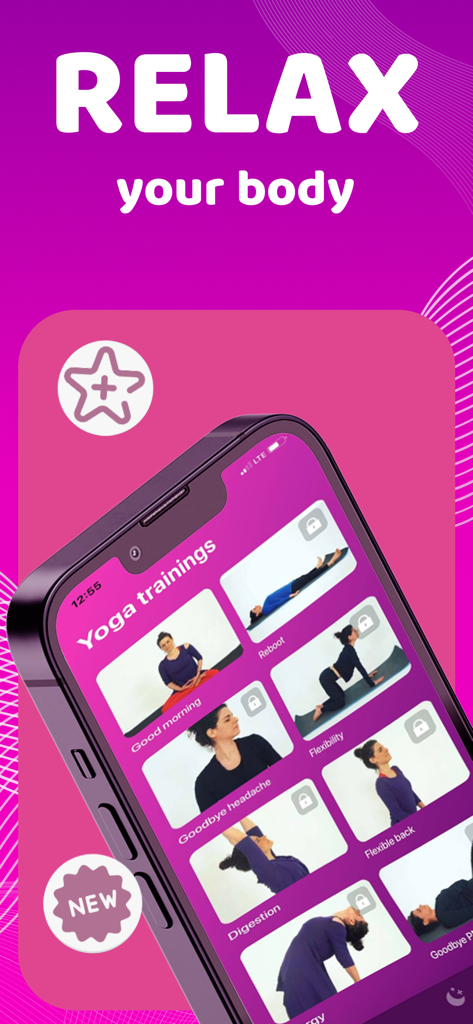 Massage & Vibration - Massager - Massage & Vibration app screen showing various yoga training exercises for body relaxation.