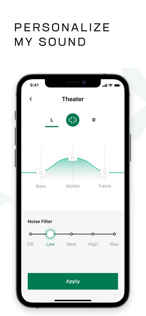 Zepp Clarity - Zepp Clarity app interface showing sound customization for a theater environment including bass middle treble and noise filter settings