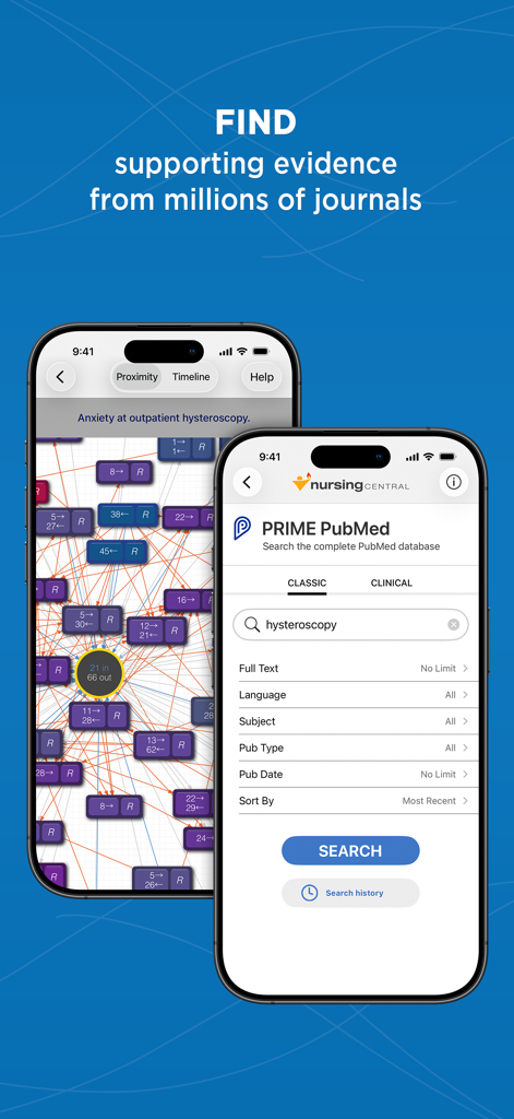 Interface do aplicativo Nursing Central mostrando pesquisa de periódicos PRIME PubMed e mapeamento de evidências