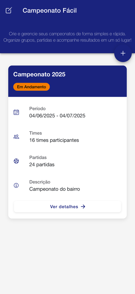 Campeonato fácil - Pantalla de resumen del torneo en la aplicación móvil Campeonato Facil mostrando fechas, recuento de equipos y estadísticas de partidos para una liga de fútbol.