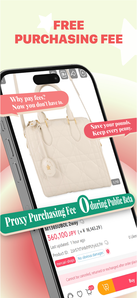 Rakufun:Buy From Japan - 공개 베타 기간 동안 일본 제품에 대한 프록시 구매 수수료가 무료임을 보여주는 라쿠펀 앱 화면