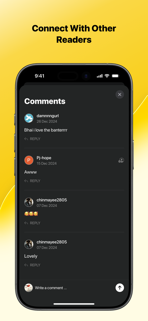 A screenshot of the Stck Reader app showing the comments section where readers interact and share feedback on serialized stories