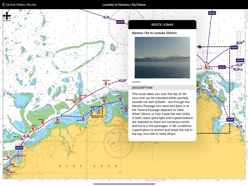 Nautical map showing cruising routes and waypoints in Fiji
