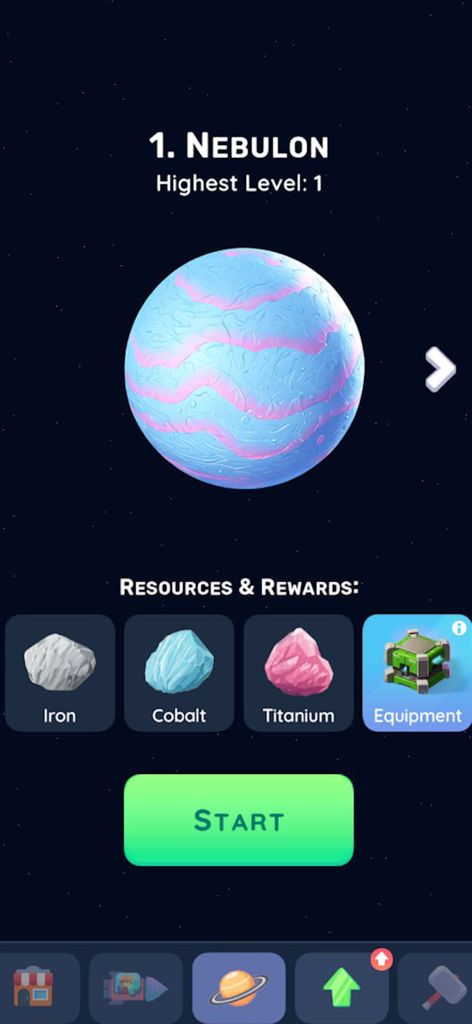 Planet Crusher: Mine & Attack - Nebulon planet selection screen showing resources and rewards in Planet Crusher