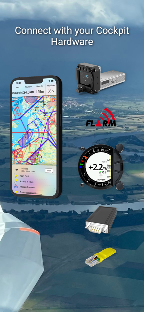 iGlide Lite app on a smartphone integrated with glider cockpit hardware including FLARM