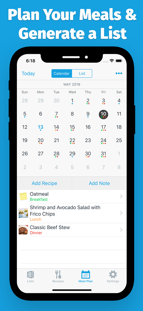 AnyList: Grocery Shopping List - AnyListアプリの献立計画画面。月間カレンダーとレシピ付きの日次献立スケジュールが表示されています。