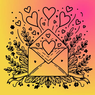 an envelope with hearts floating out of it, surrounded by floral accents or ribbons.