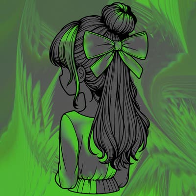 realistic girl  with hip length hair a bun and a big bow on the back of head
