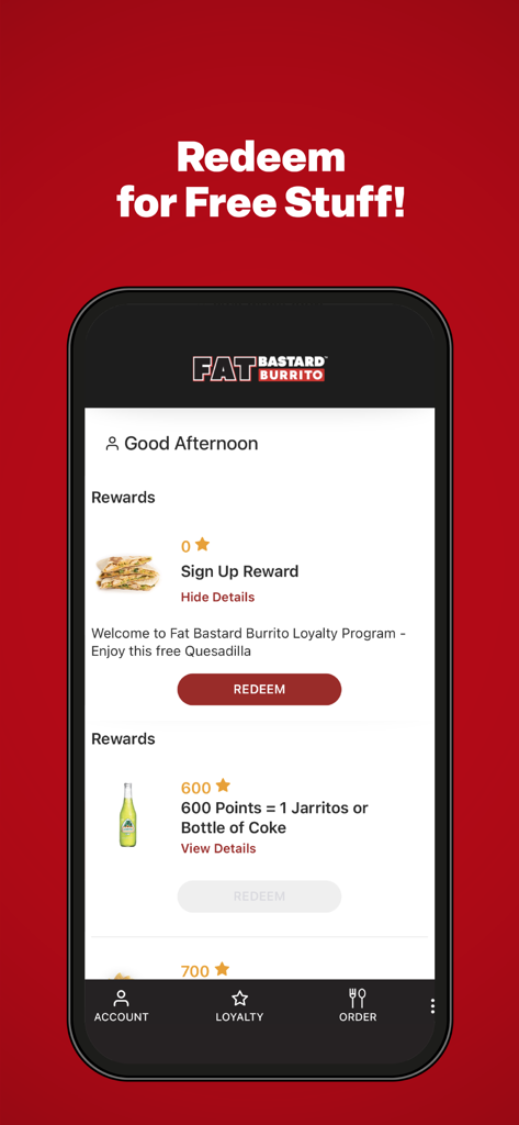 FAT BASTARD - La página de recompensas de la aplicación móvil Fat Bastard Burrito que muestra puntos para comida y bebidas gratis.