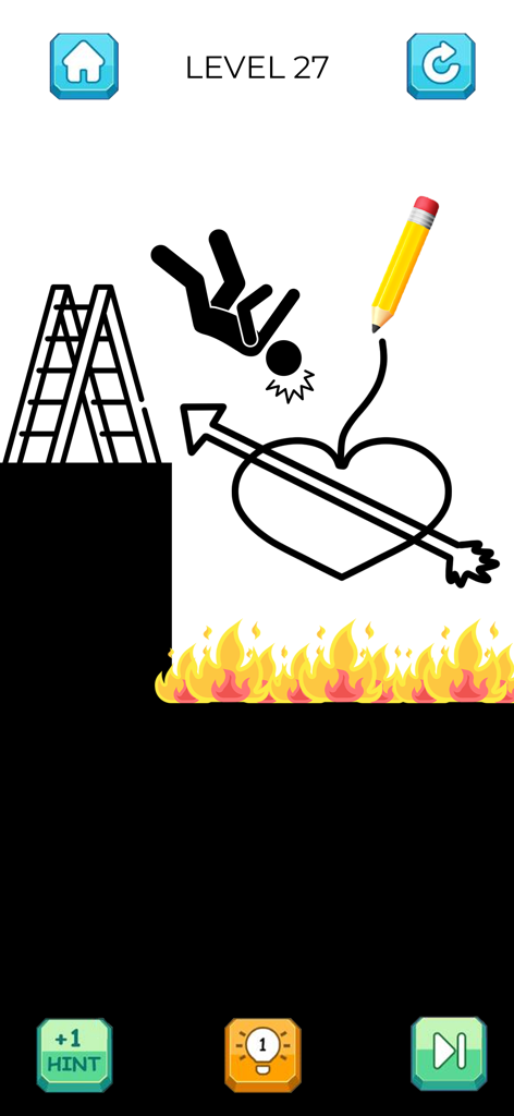 Capture d'écran du gameplay de Save The Stickman montrant une énigme de dessin pour sauver un personnage du feu
