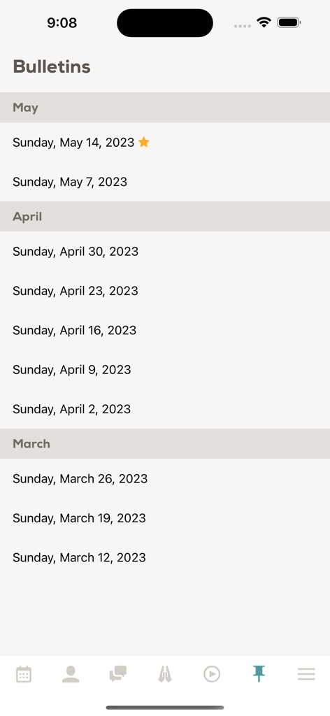 Church Social - List of archived weekly church bulletins organized by month