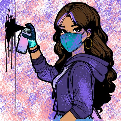 realistic girl with mask spray painting a wall