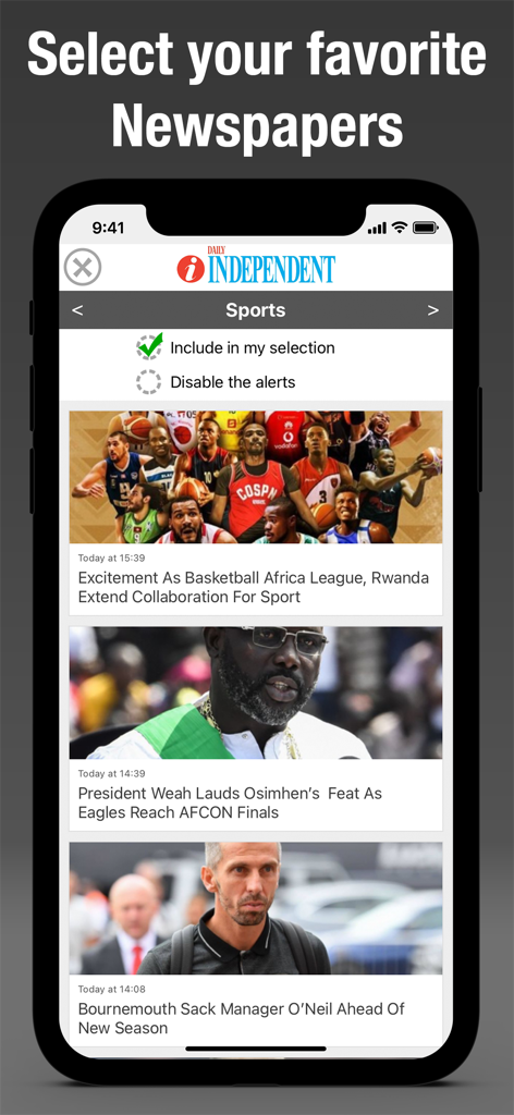Nigeria Press - Interface of the Nigeria Press app showing a sports news feed from the Daily Independent newspaper.