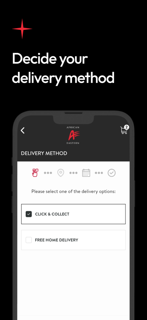 A&E Shop - Alcohol Delivery - A mobile app screen for selecting between click and collect or free home delivery options.