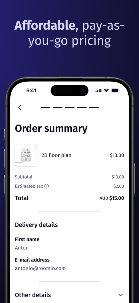 Roomio: floor plan creator - 2D間取り図スキャンの従量課金制価格を示すRoomioアプリの注文概要画面