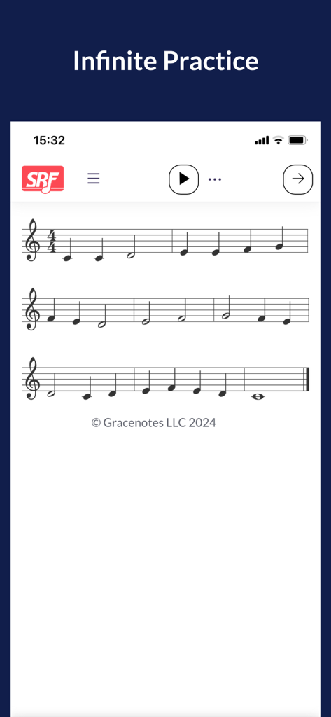 Sight Reading Factory - Sight Reading Factory app interface showing a generated music sheet for infinite practice