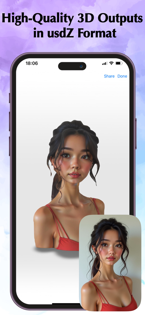 Pic3D Maker - Image to 3D - A smartphone screen showing the conversion of a 2D portrait into a 3D model using Pic3D Maker