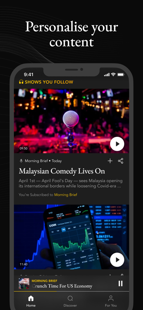 BFM Business Radio - BFM Business Radio app interface showing a personalized content feed with business news and podcasts.