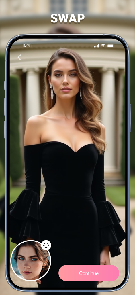 Deep Face Swap AI: FusionFaces - Interface of the FusionFaces app showing a face swap on a woman wearing an elegant black dress.