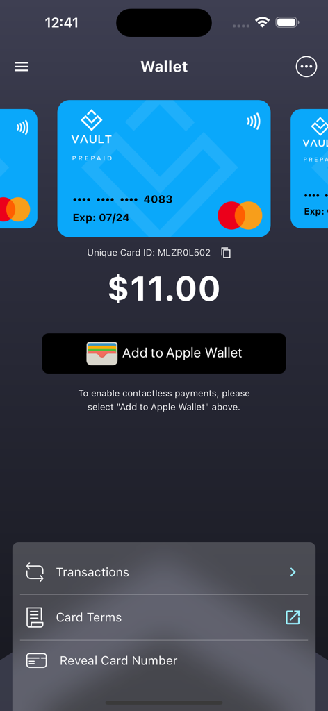 Bildschirm der Vault Payments App, der eine virtuelle Prepaid-Mastercard mit einem Guthaben von 11 Dollar und einer Schaltfläche 'Zum Apple Wallet hinzufügen' anzeigt