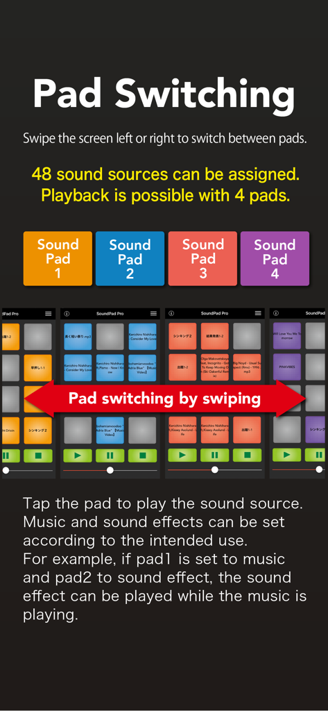 SoundPad Pro - Interface do SoundPad Pro mostrando a funcionalidade de troca de pads para 48 fontes de som atribuíveis em quatro pads codificados por cores.