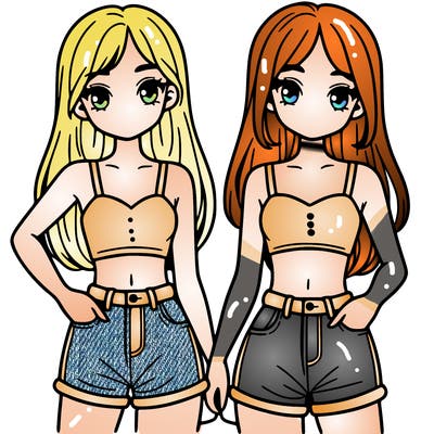 two sisters with crop tops and jean shorts and straight hair