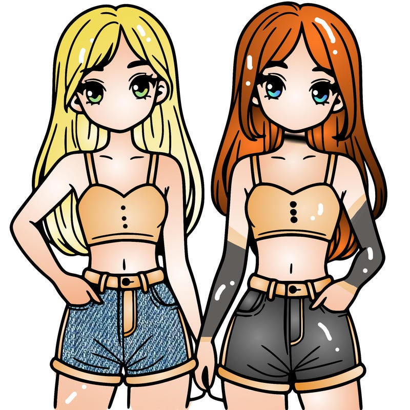 two sisters with crop tops and jean shorts and straight hair