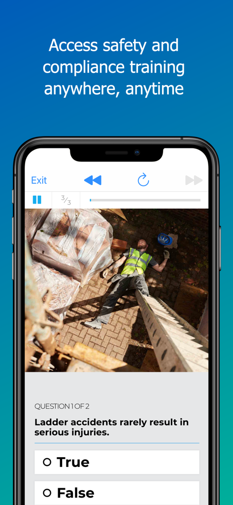 A mobile screen from the KPA Flex app showing a safety training quiz with a ladder accident image and true false questions