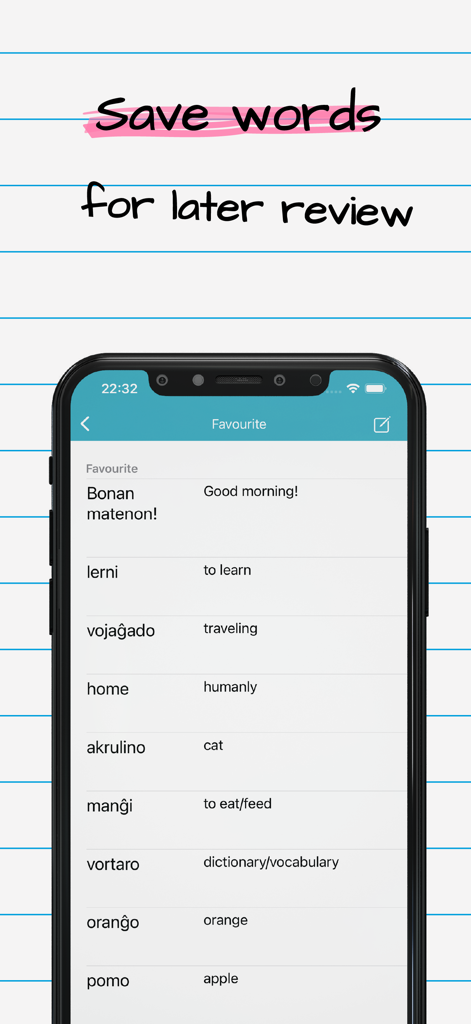 Esperanto English Dictionary - A list of favorite Esperanto words and their English translations in the app