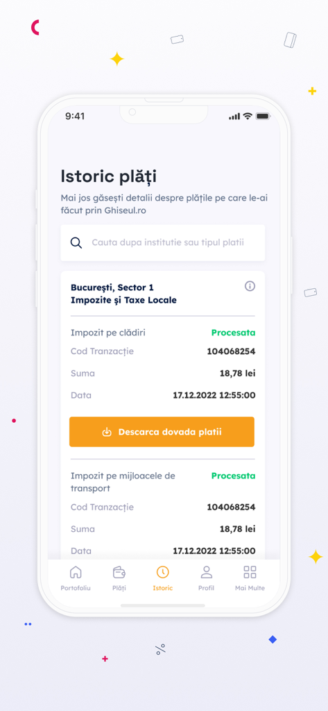 Screenshot of the Ghiseul.ro app showing the payment history screen with details of local tax transactions and an option to download proof of payment.