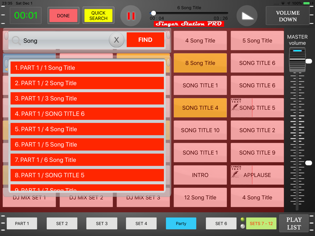 Singer Station PRO - Singer Station PRO iPad-Oberfläche mit Songlistensuche und Setlist-Management für Live-Auftritte