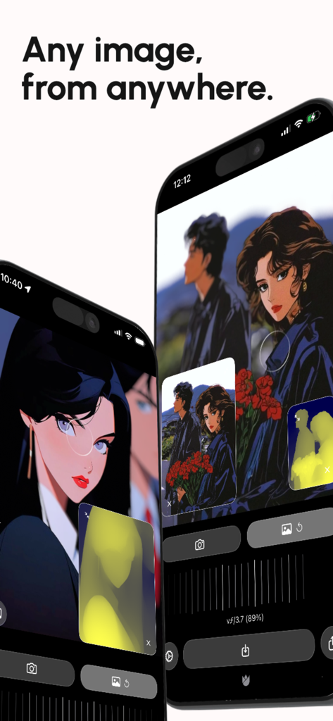 Live Focus - Live Focus app interface on two iPhones showing depth and focus adjustments on anime-style illustrations with a depth map overlay