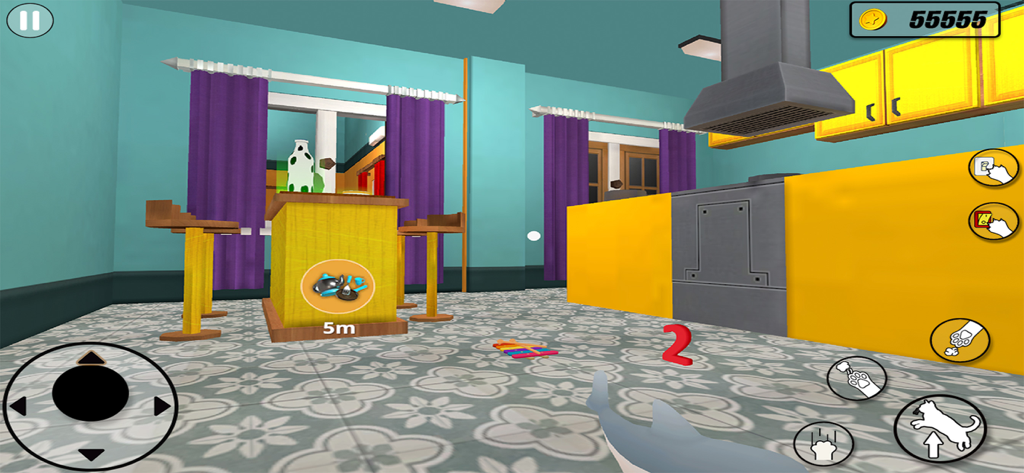 I Am Cat and Granny Simulator - Gameplay screenshot of the cat simulator showing a cat in a bright 3D kitchen with yellow furniture.