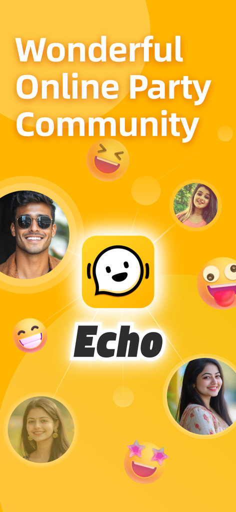 Aplicativo de chat de voz em grupo Echo mostrando uma comunidade social de jovens