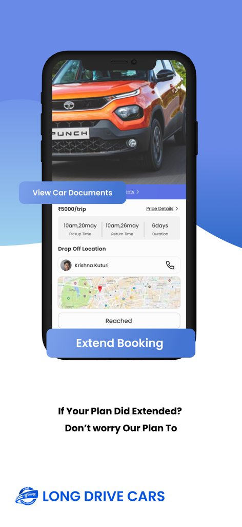 Long Drive Cars - Car Rental - Benutzeroberfläche der Langstreckenautos-App, die Mietwagendetails und die Funktion zur Buchungsverlängerung anzeigt.