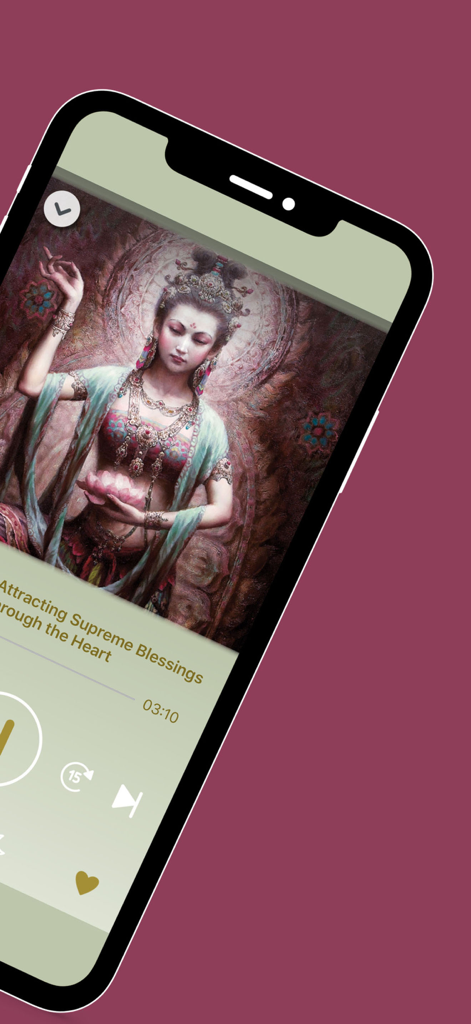 The Kuan Yin Transmission - Interface of the Kuan Yin Transmission app playing a meditation track with goddess artwork