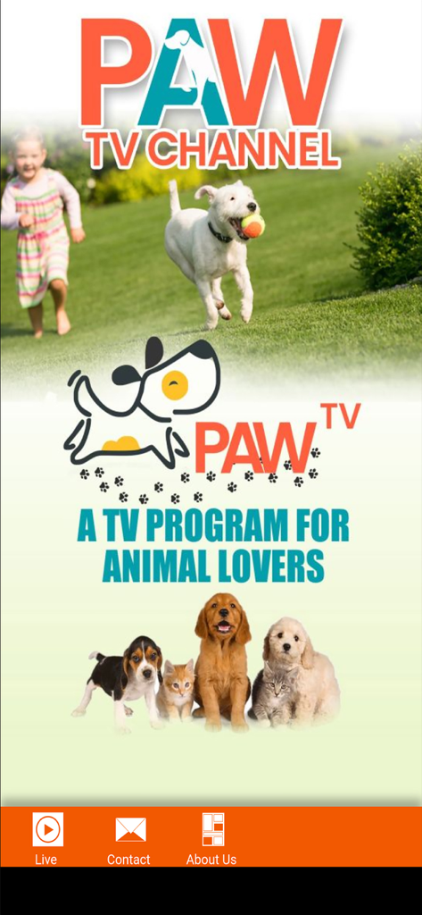 PAW TV - PAW TV app home screen showing puppies kittens and the slogan A TV program for animal lovers