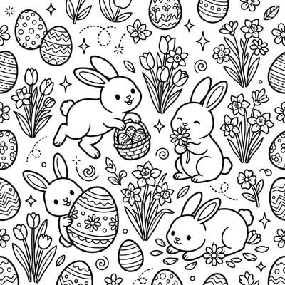 Dive into the cheerful spirit of Easter with this charming coloring page, showcasing an array of playful farm rabbits amidst a bounty of decorated eggs and fresh spring flowers. This delightful design is perfect for bringing the joy of the season to life with your favorite colors.