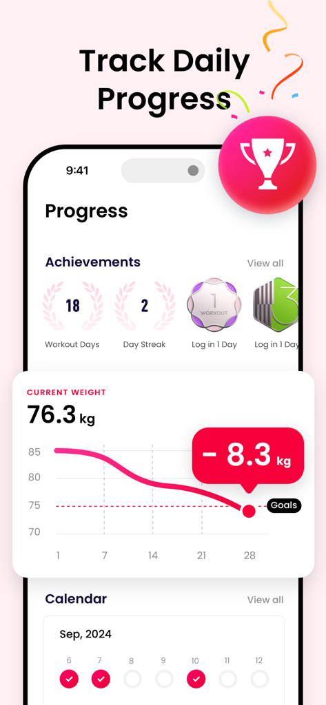 JustFit app screen showing a weight loss graph and workout achievements