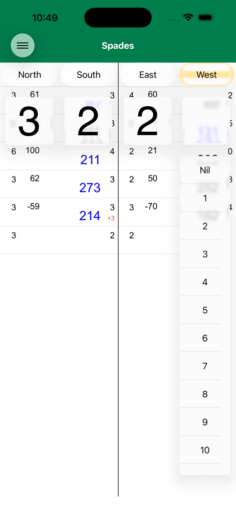 SpadesSC - A digital scorecard for the card game Spades showing player scores and a bidding selection menu.