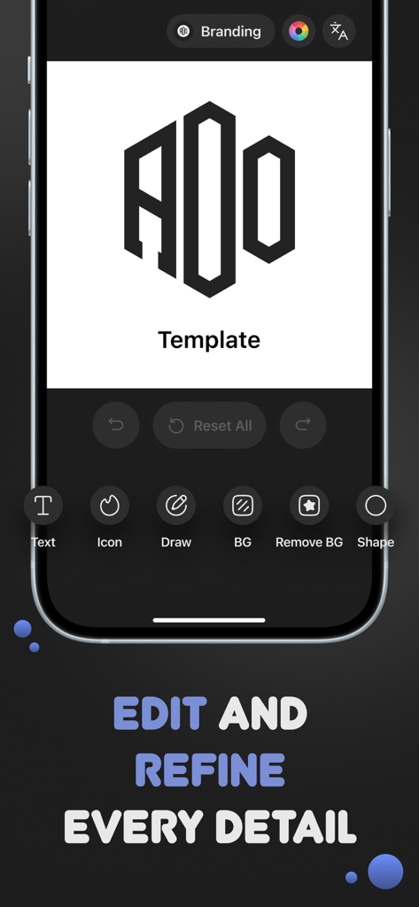 Logo Maker: Creator, Designer - Interface of the Logo Maker app showing editing tools for a professional logo template