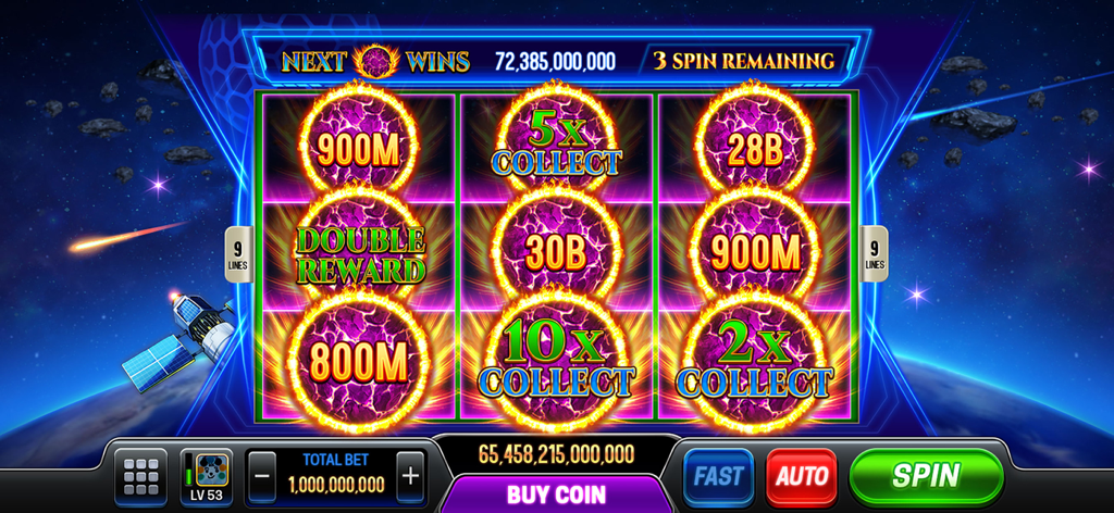Space themed slot machine gameplay in Vegas Holic app showing big wins and multipliers