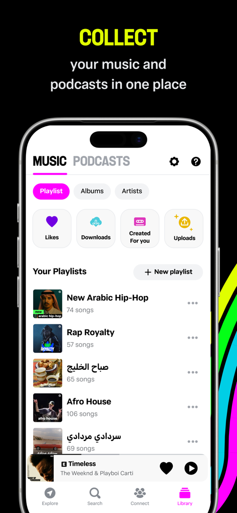 Anghami: Play Music & Podcasts - Pantalla de la biblioteca de la aplicación Anghami que presenta una variedad de listas de reproducción de música y podcasts.