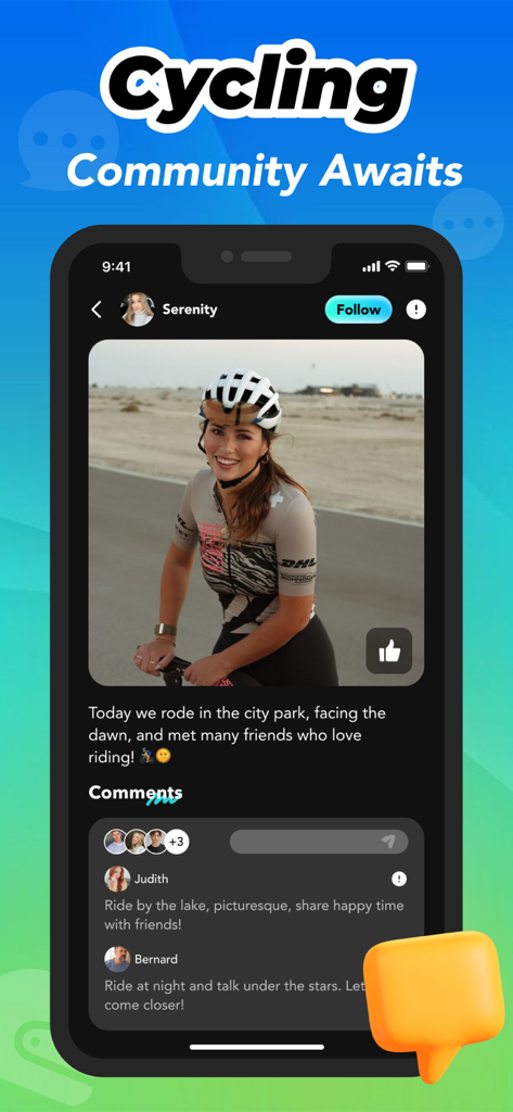 Slinky - Video Call, 1v1 Chat - A mobile app interface showing a cyclist profile with a post and user comments in the Slinky community.