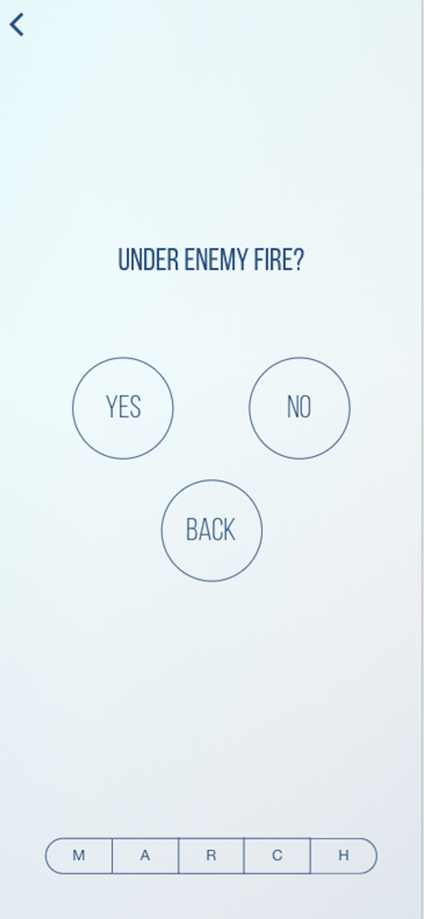 Assessment screen in the UN Buddy First Aid app asking if the user is under enemy fire with yes and no buttons